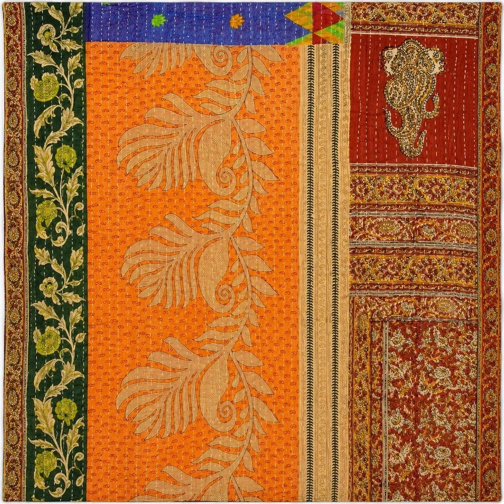 Vintage Kantha Reversible Indian Cotton Block Print Patchwork Boho Throw 54 x 88